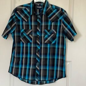 Wrangler Black Blue Plaid Western Pearl Snap Shirt Large